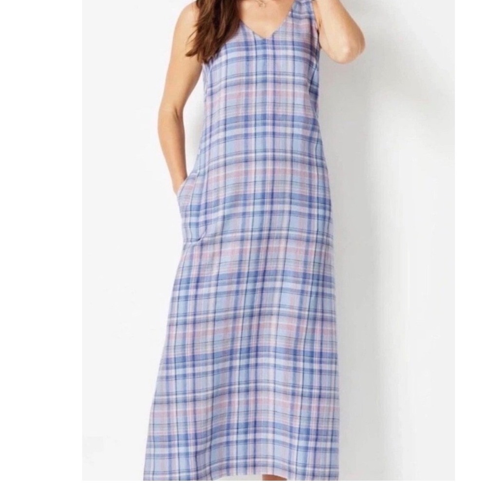J. Jill Love Linen Blue Pink Plaid 100% Linen V-Neck Sleeveless Maxi Dress M